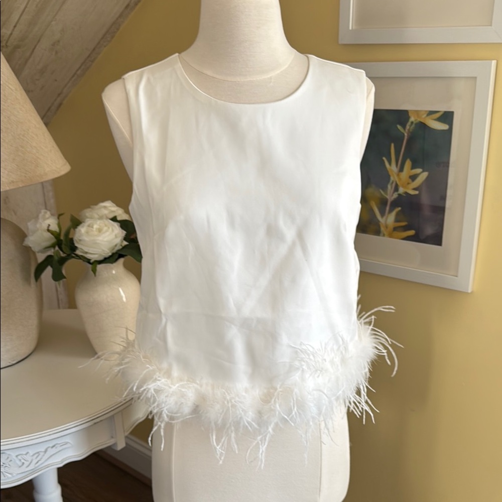 White Feather-Hem Sleeveless Top. Perfect for bridal looks